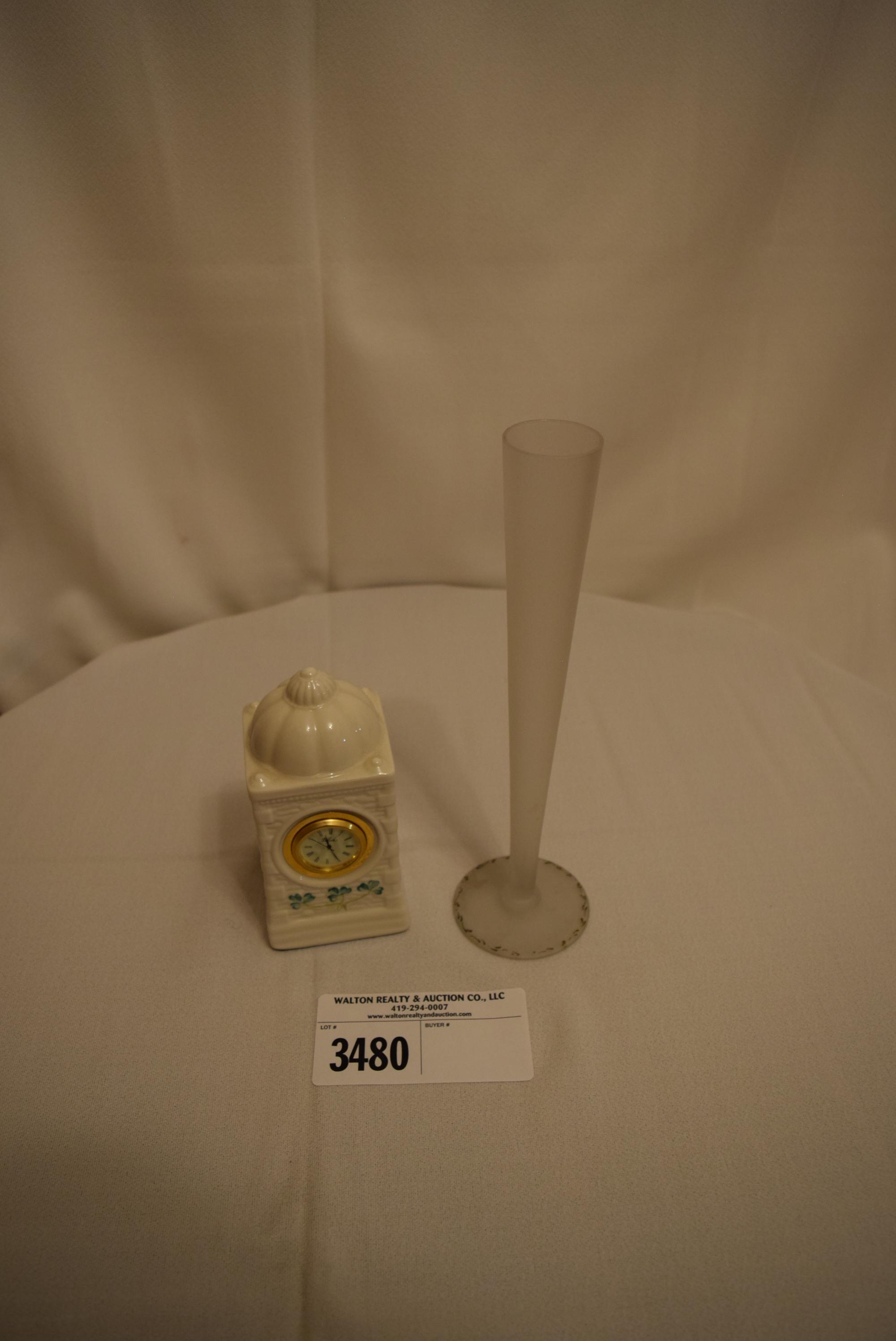 Tiffin Satin Bud Vase w/Gold Trim and Belleek Shamrock Clock