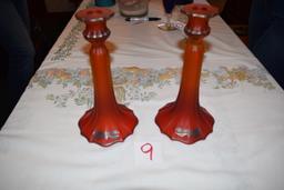 Tiffin Glass Amberina Candlesticks w/Butterfly Design