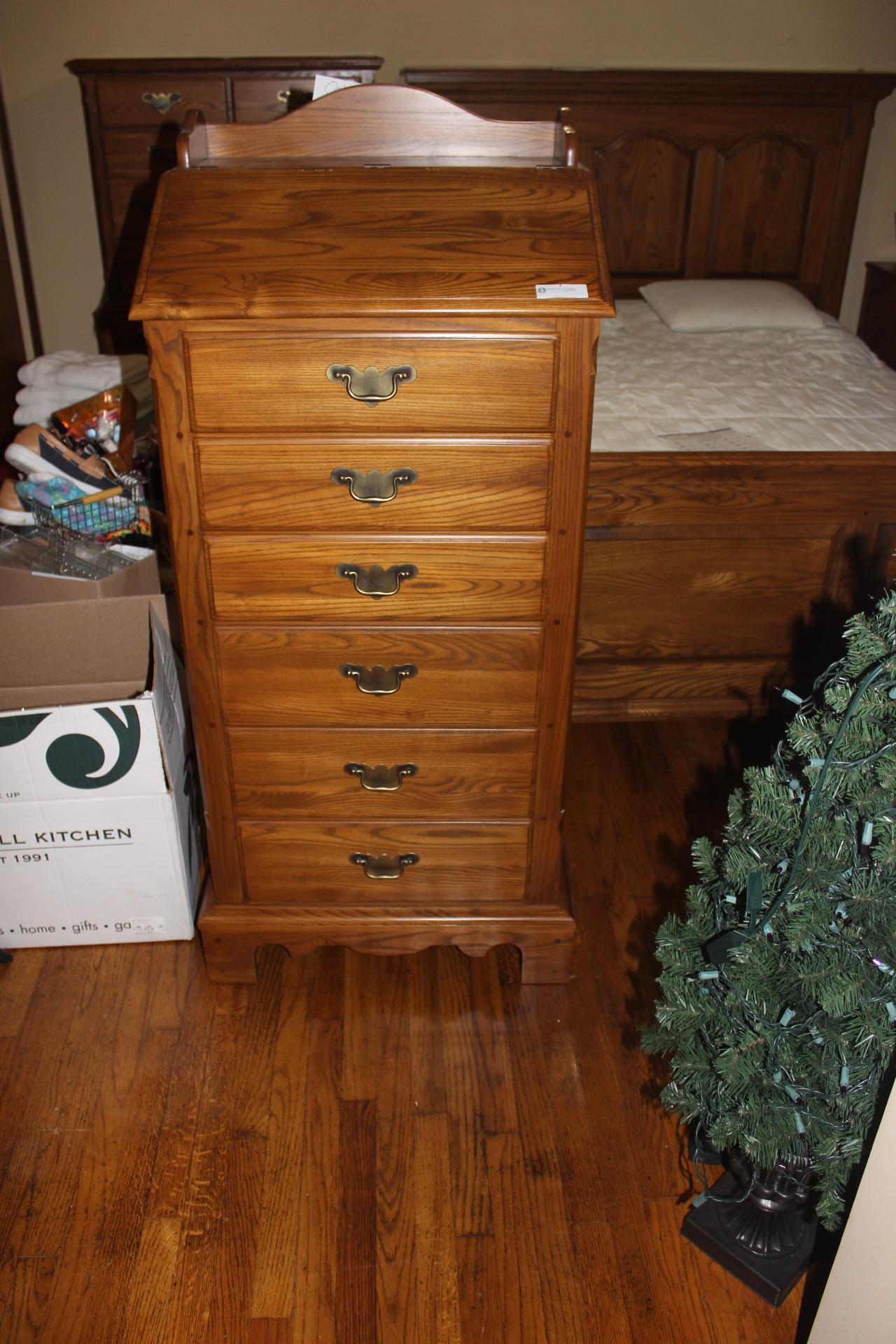 Solid Oak 6 Drawer Cabinet with top jewelry compartment  57" H x 24" x 17"