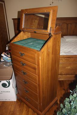 Solid Oak 6 Drawer Cabinet with top jewelry compartment  57" H x 24" x 17"