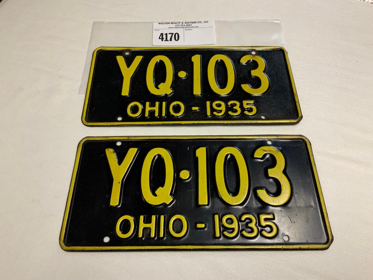 1935 Ohio License Plate #YQ-103 pair