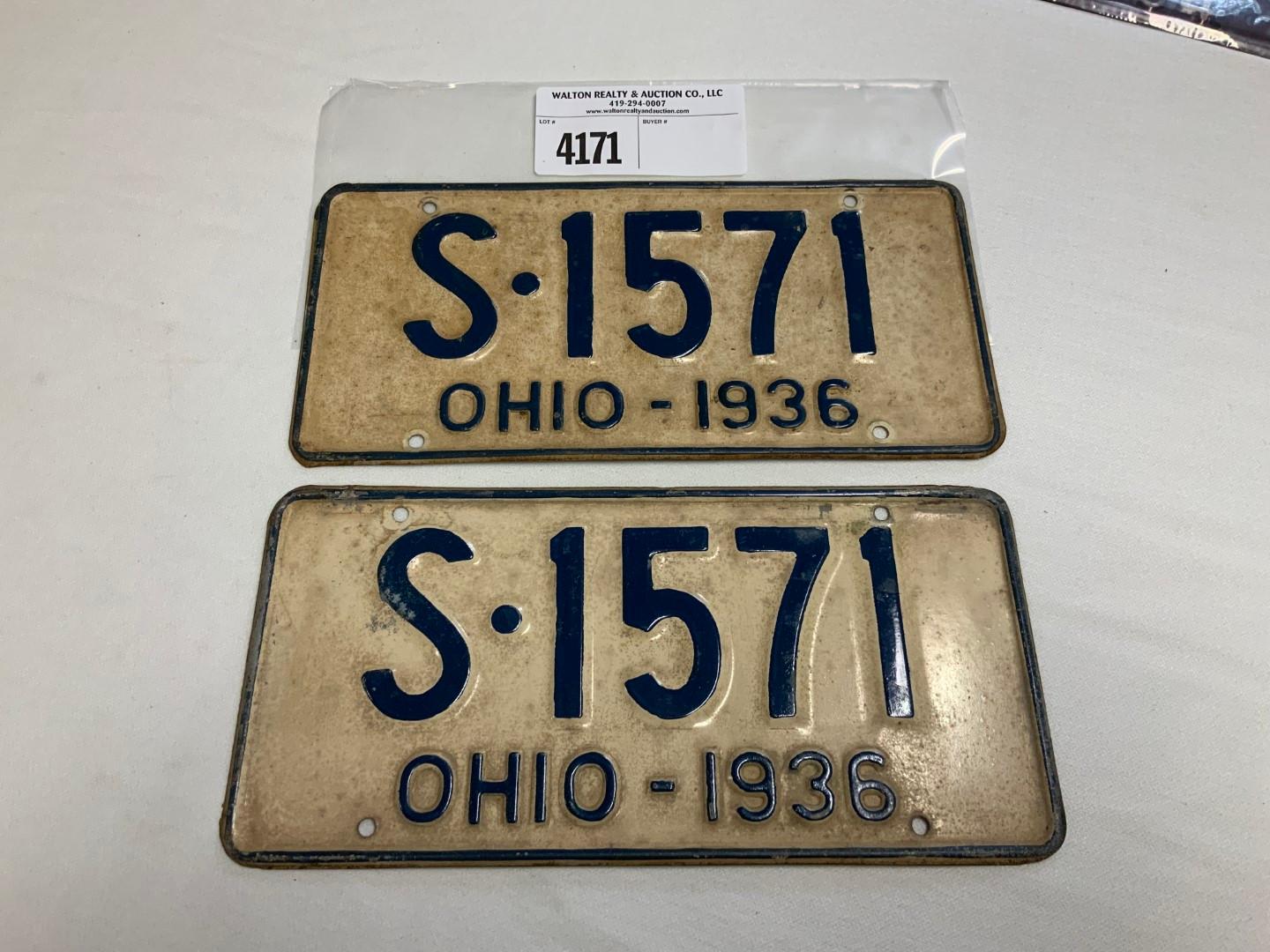 1936 Ohio License Plate #S-1571 pair
