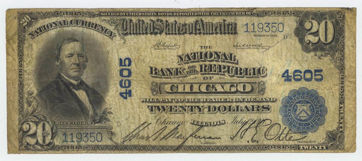 1902 TWENTY DOLLAR NATIONAL CURRENCY CHICAGO