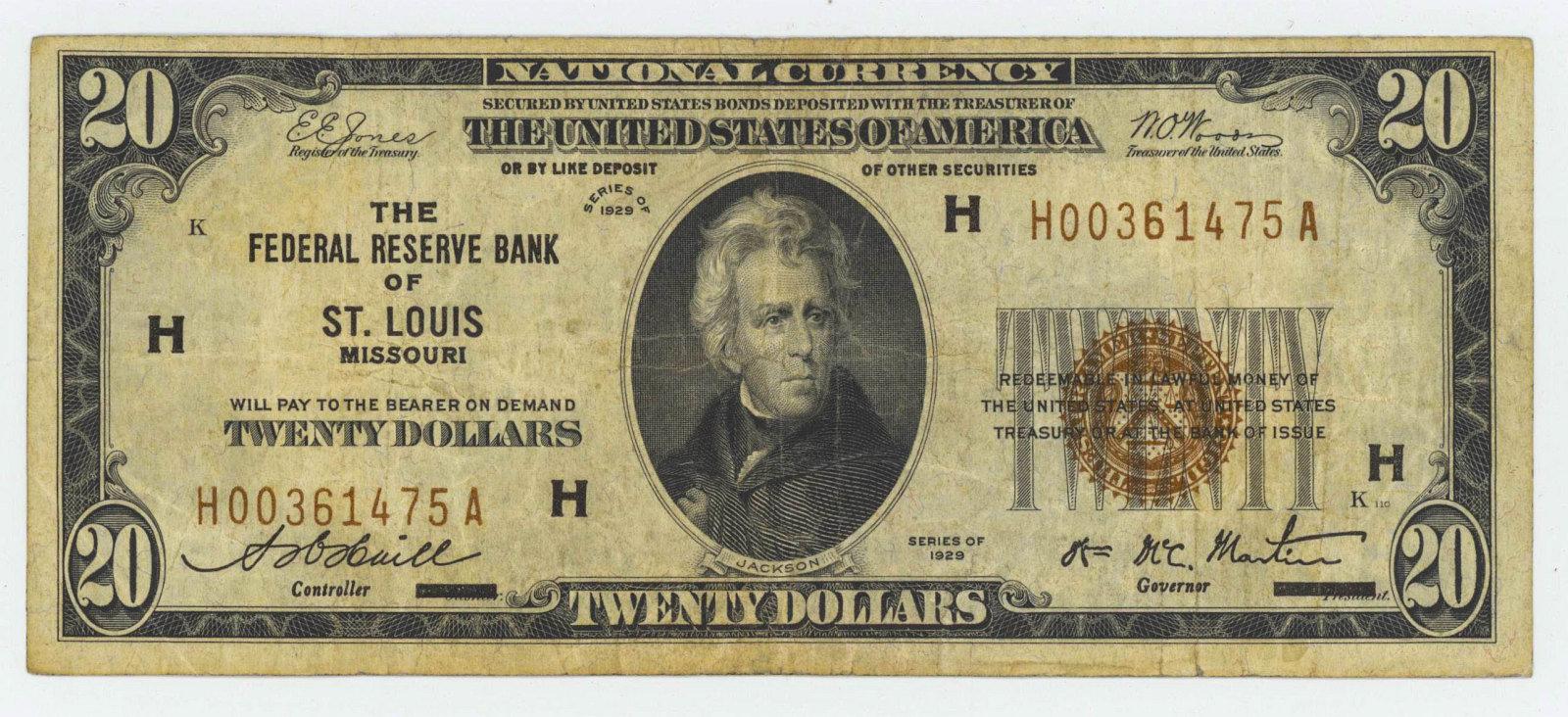 1929 TWENTY DOLLAR NATIONAL CURRENCY ST. LOUIS