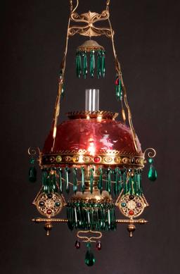 AN EXCEPTIONAL JEWELED BRASS VICTORIAN CHANDELIER