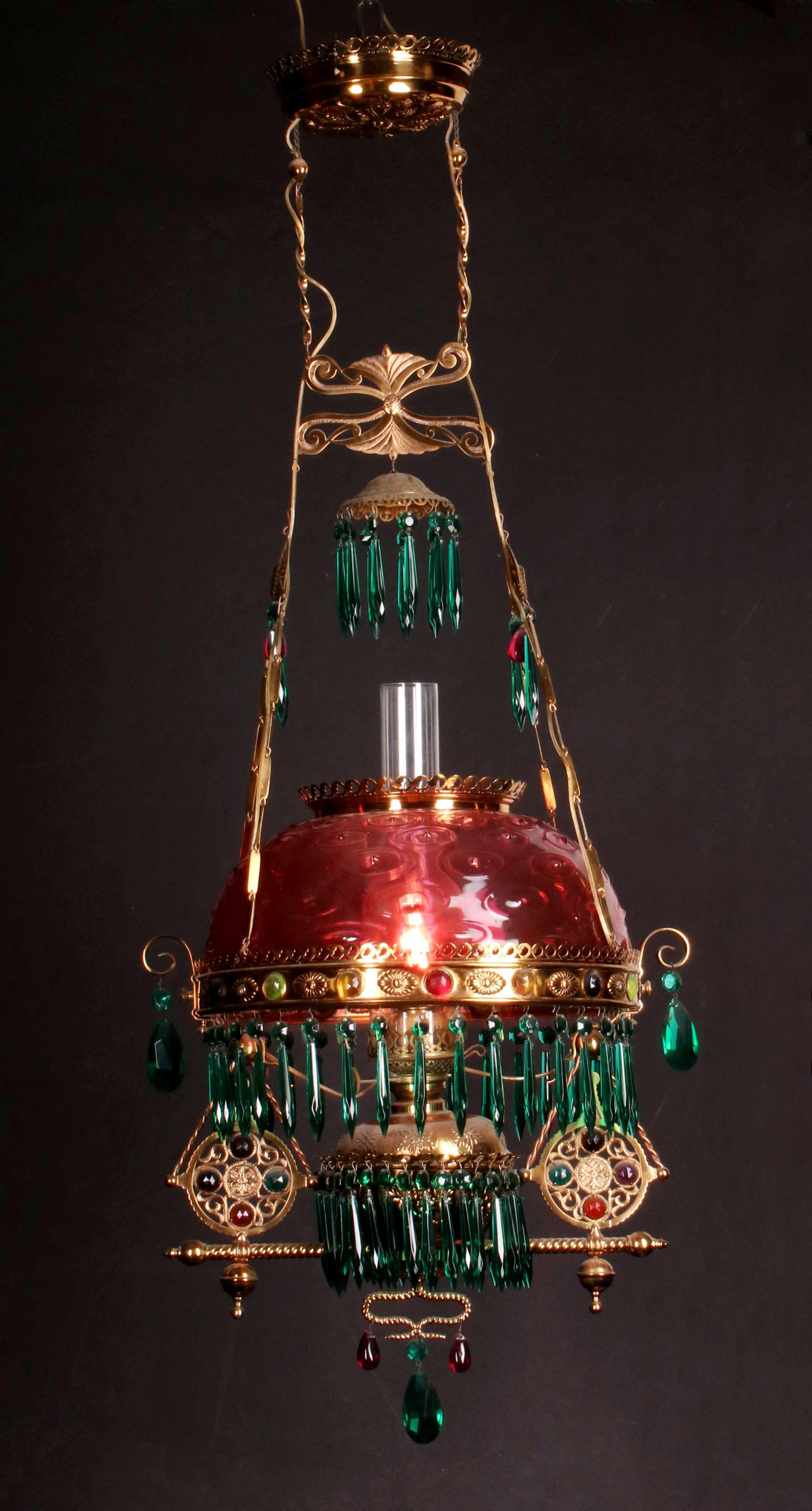 AN EXCEPTIONAL JEWELED BRASS VICTORIAN CHANDELIER