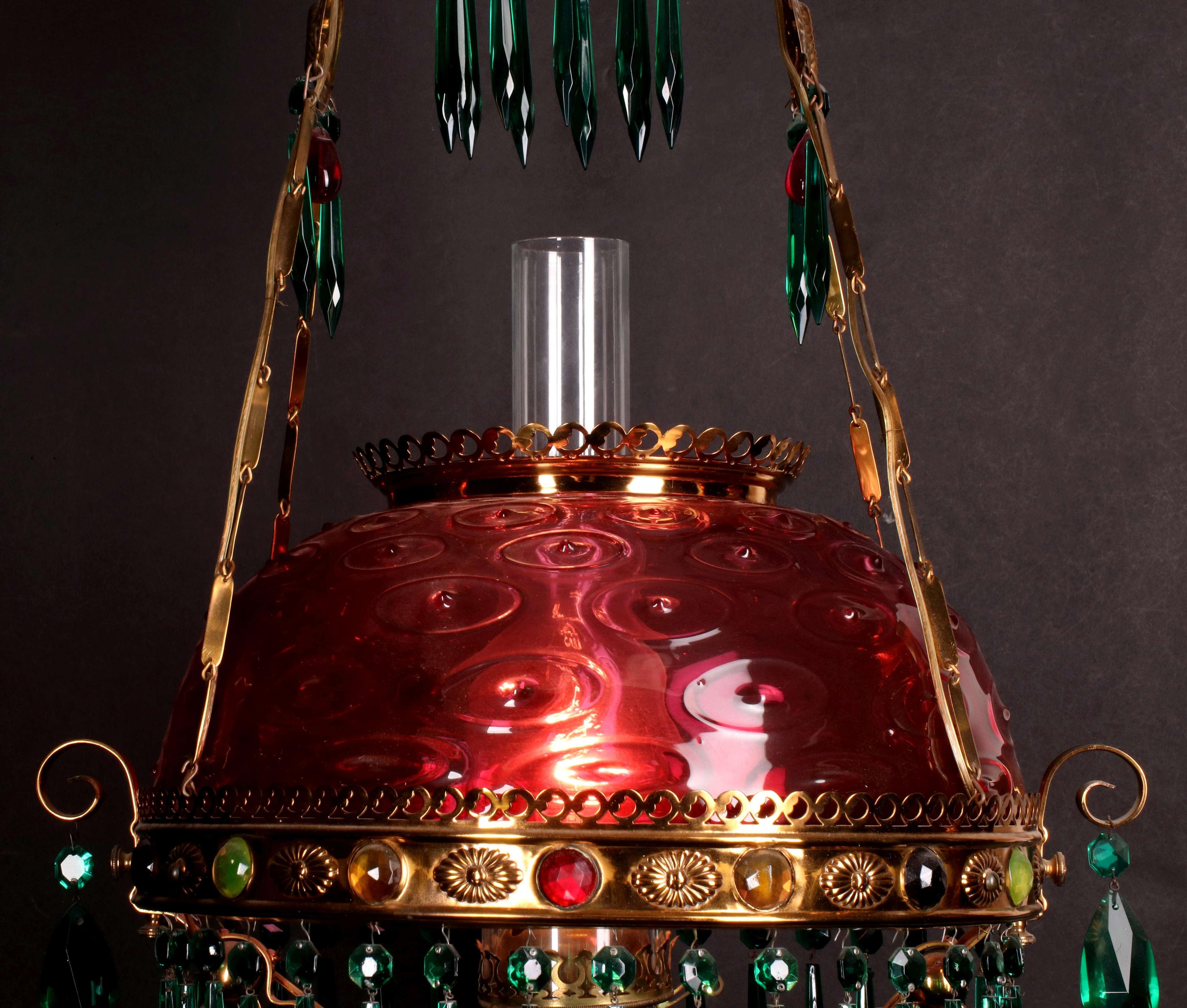 AN EXCEPTIONAL JEWELED BRASS VICTORIAN CHANDELIER