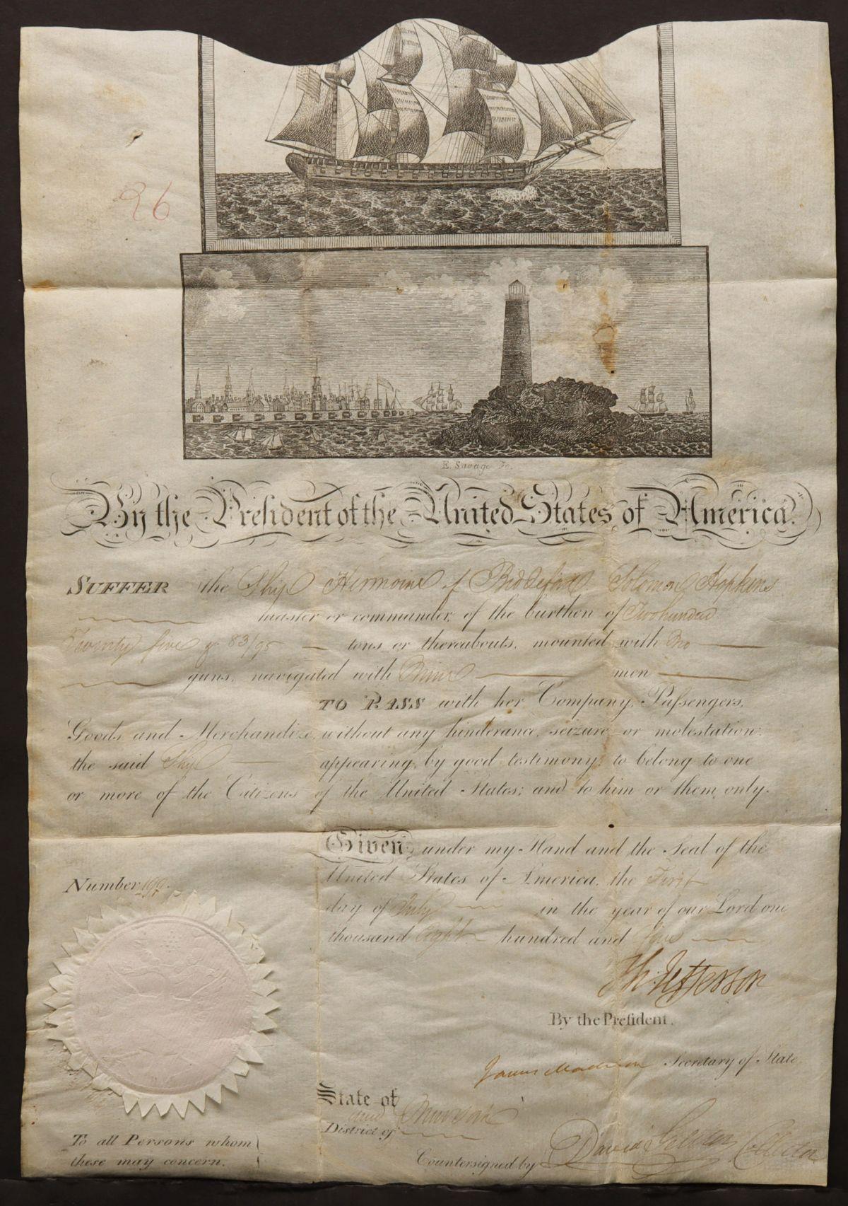 AN 1805 SHIP PASSPORT SIGNED BY JEFFERSON & MADISON