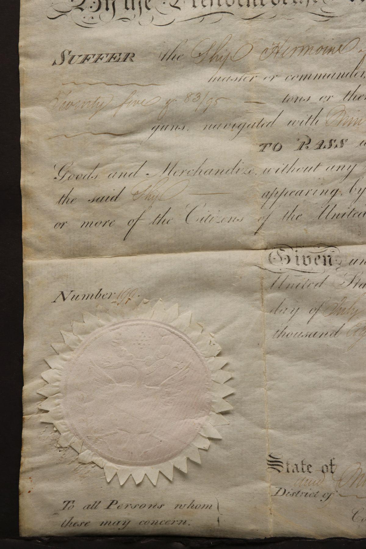 AN 1805 SHIP PASSPORT SIGNED BY JEFFERSON & MADISON