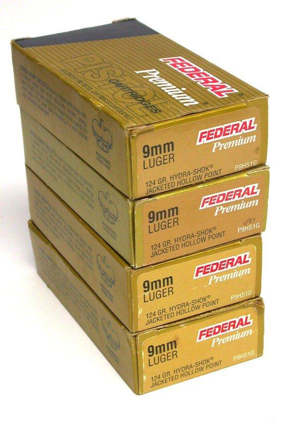 Four 50-Round Boxes of Federal Premium 9mm 124 Gr JHP Hydra-Shok Ammunition (FHR)
