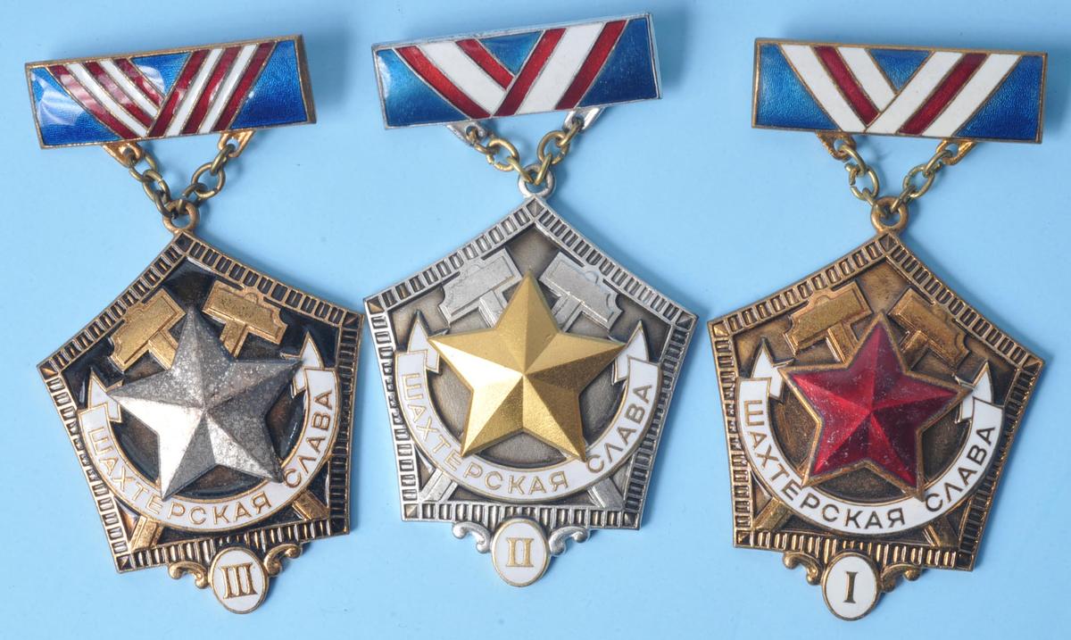Three Medal Set of the Soviet Order of Miners Glory - 1st, 2nd and 3rd Classes (A)