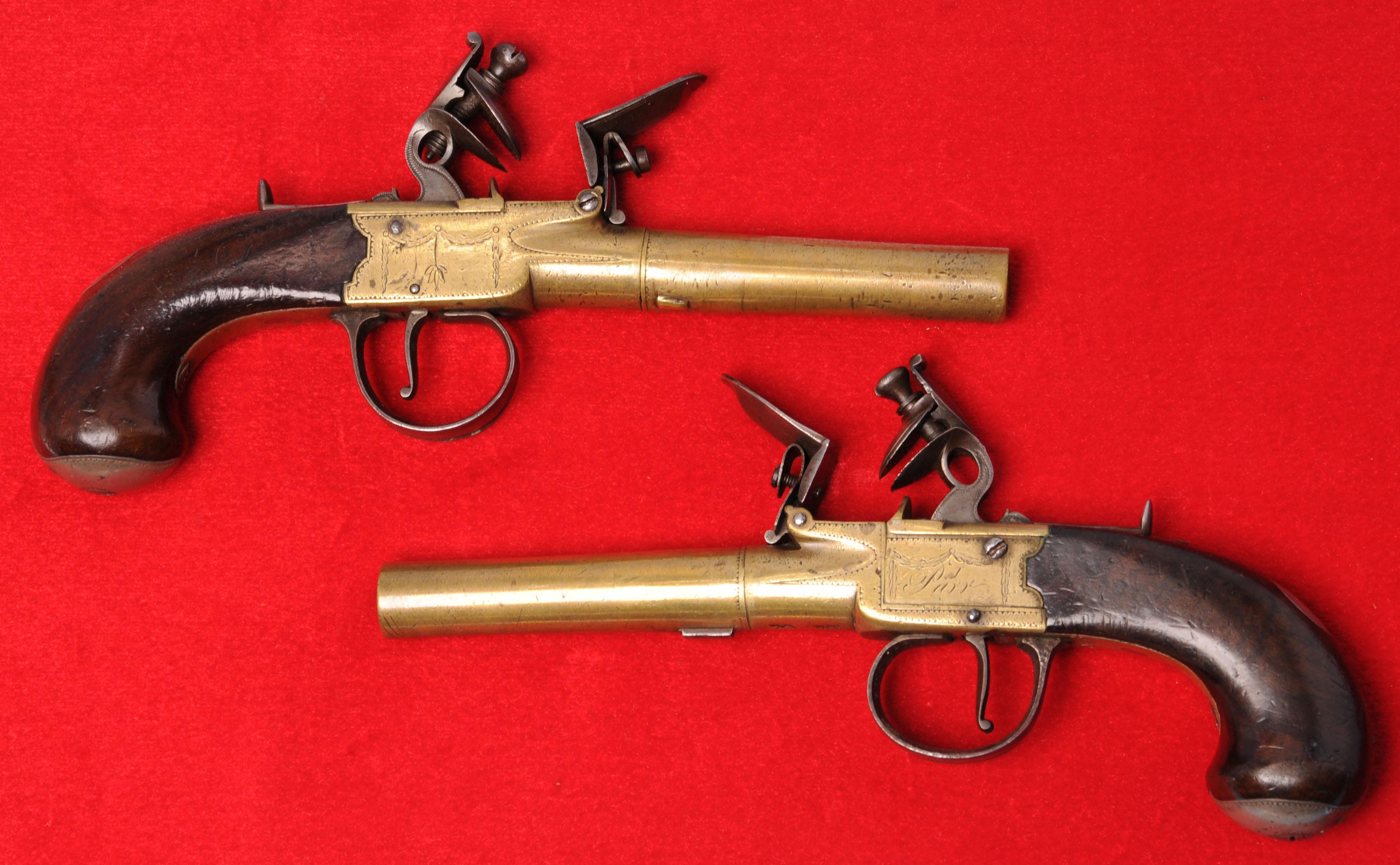 Antique British Brass Barrel .45 Caliber Flintlock Pocket Pistols by I. Parr - no FFL needed (KEN 1)