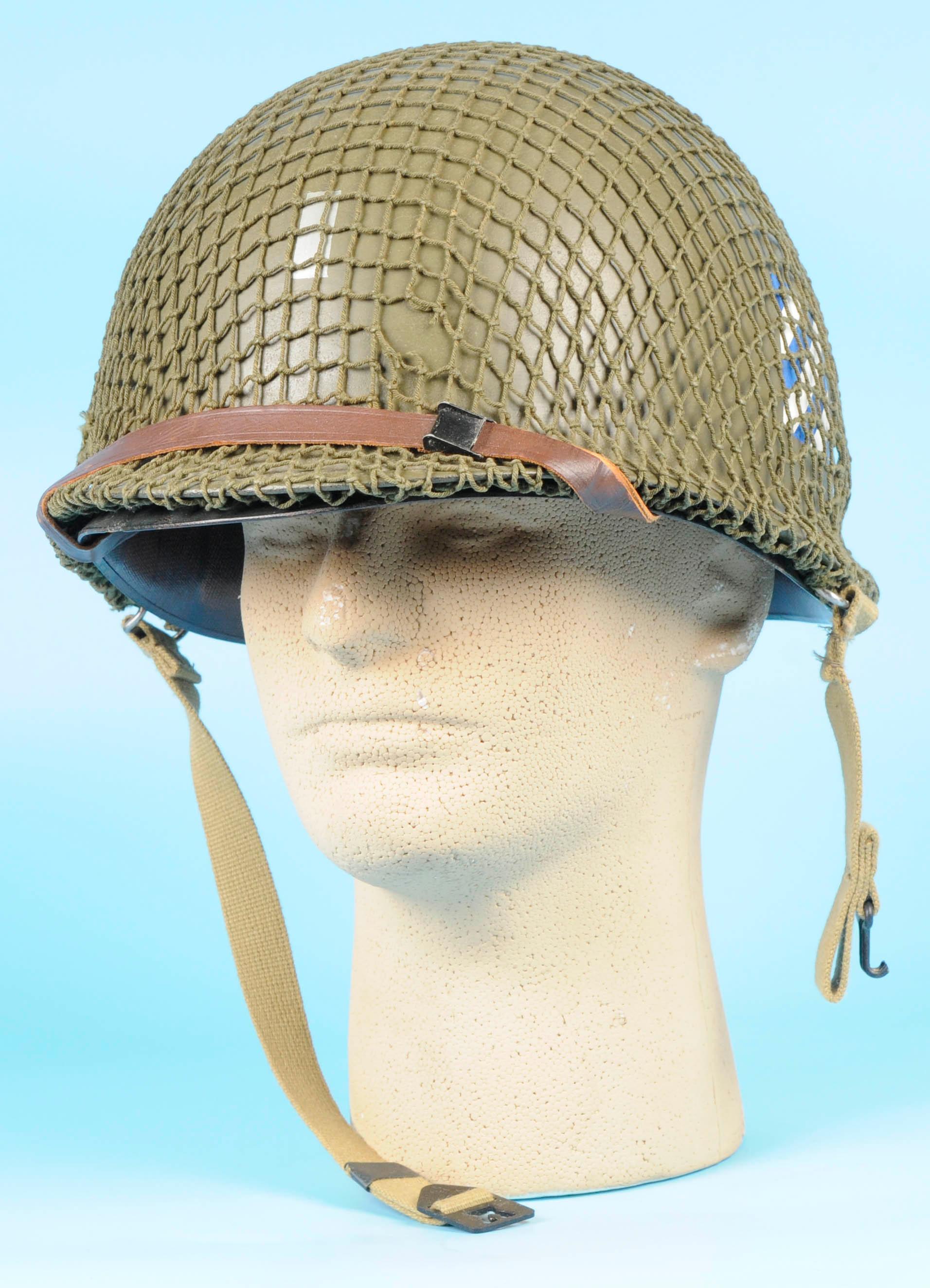 US Army WWII 3rd Division M1 Helmet, Liner, Chinstraps and Camo Netting (SJZ)