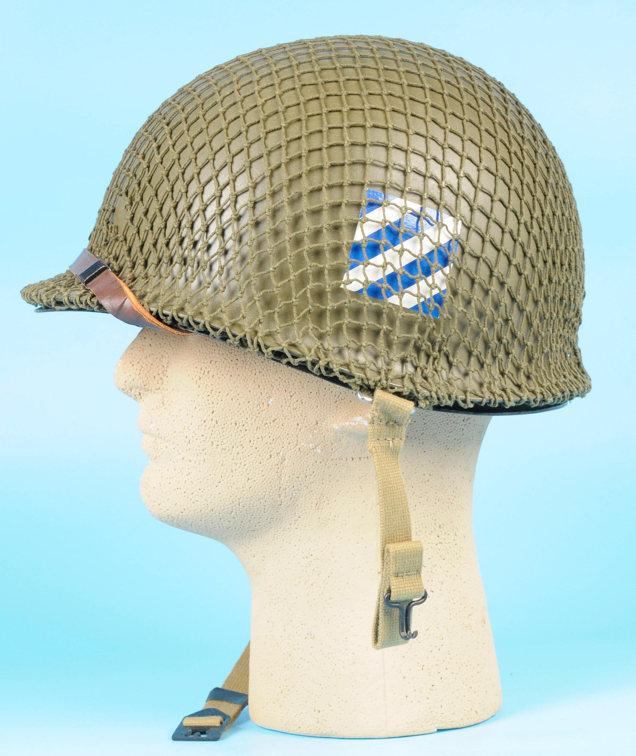 US Army WWII 3rd Division M1 Helmet, Liner, Chinstraps and Camo Netting (SJZ)