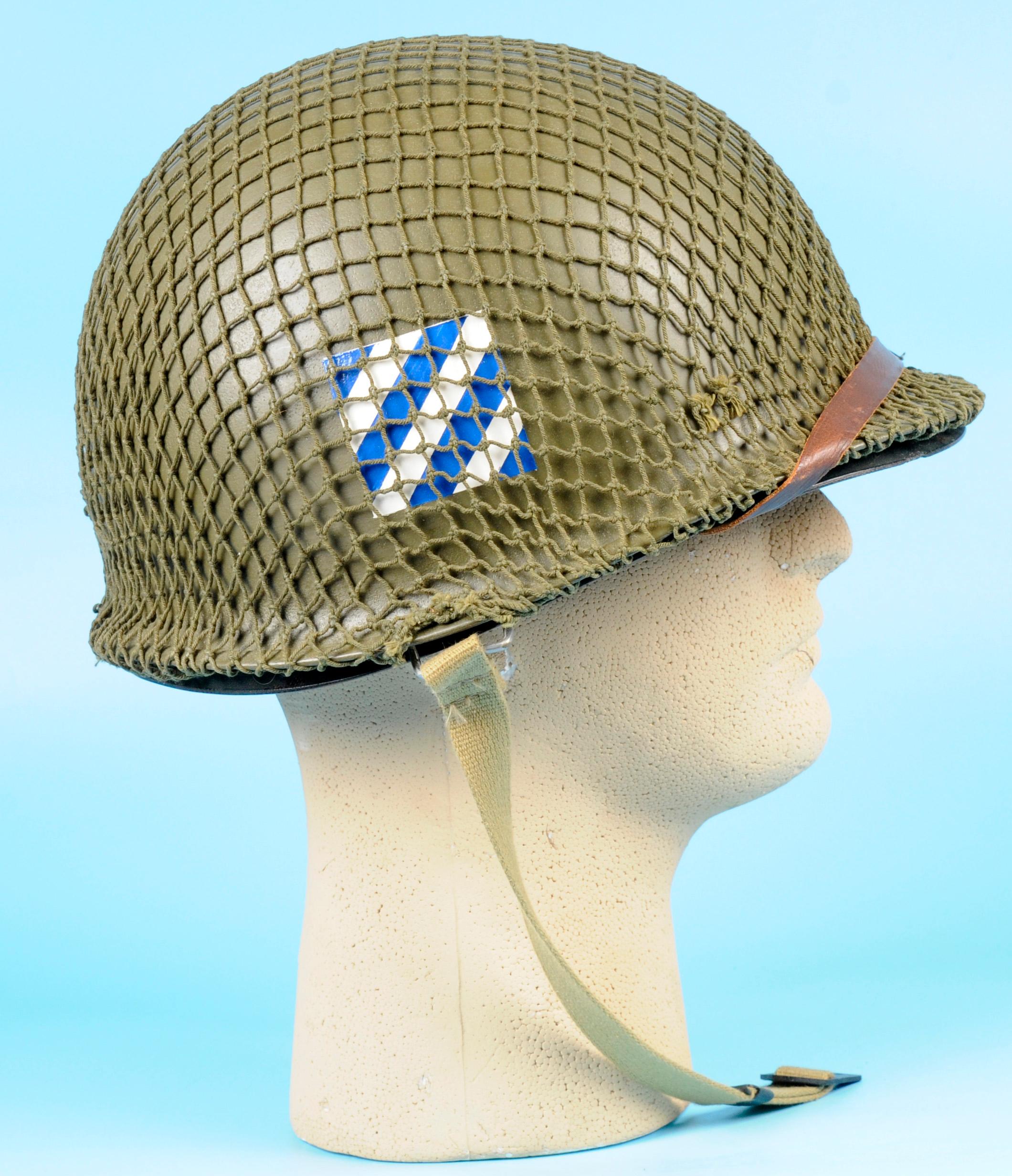 US Army WWII 3rd Division M1 Helmet, Liner, Chinstraps and Camo Netting (SJZ)