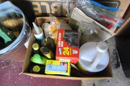 ASSORTED CLEANING ITEMS, LEAF BAGS, YARD DECORATIONS, AND ETC