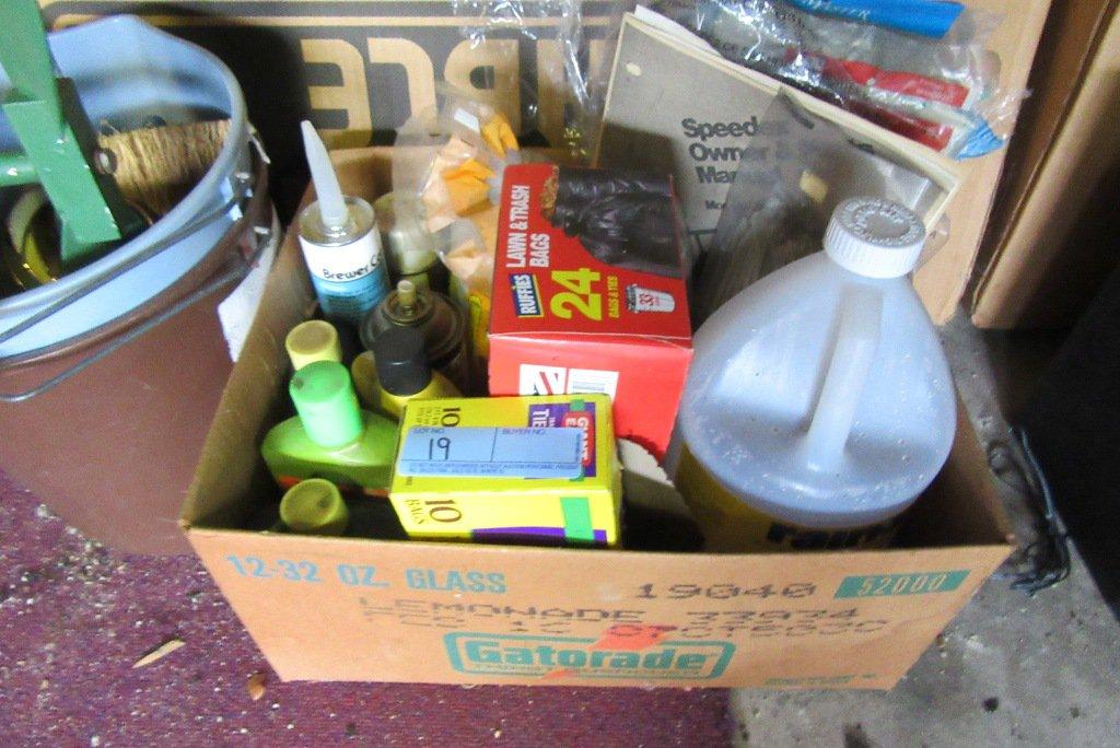 ASSORTED CLEANING ITEMS, LEAF BAGS, YARD DECORATIONS, AND ETC