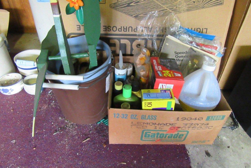 ASSORTED CLEANING ITEMS, LEAF BAGS, YARD DECORATIONS, AND ETC