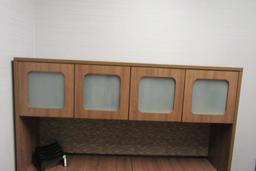L SHAPED DESK WITH CORNER CUPBOARD AND HUTCH TOP