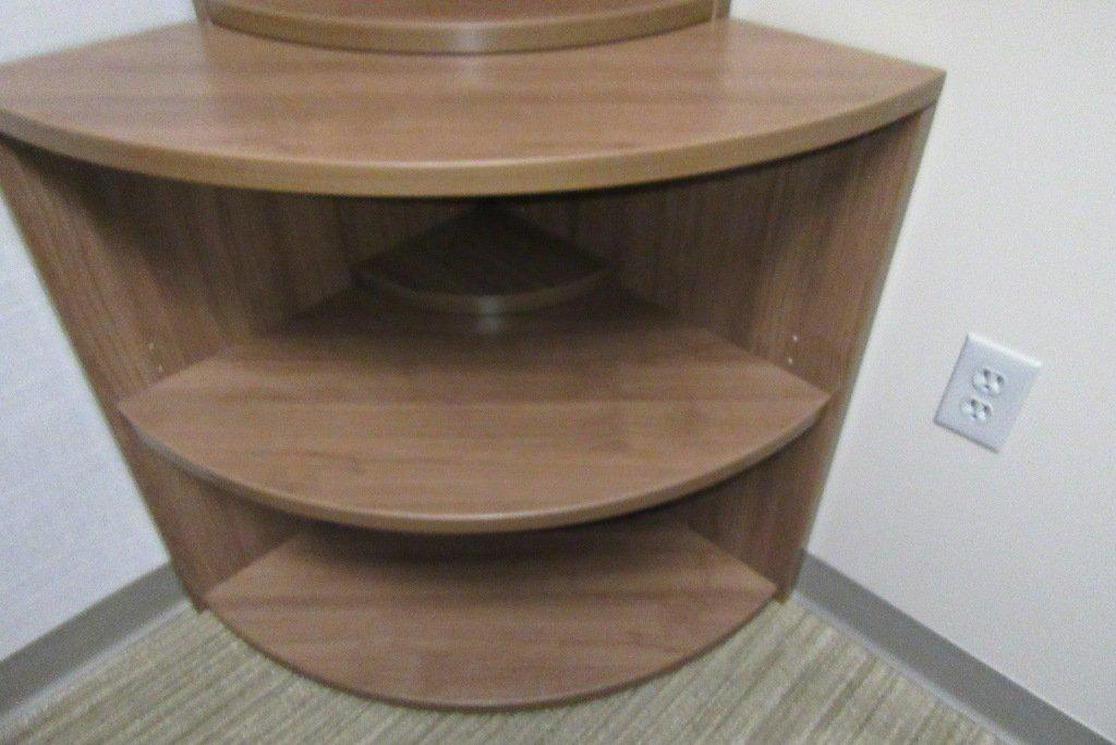 L SHAPED DESK WITH CORNER CUPBOARD AND HUTCH TOP