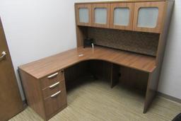 L SHAPED DESK WITH CORNER CUPBOARD AND HUTCH TOP