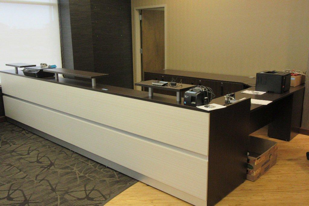 U-SHAPED RECEPTION COUNTER, APPROXIMATELY 12 FOOT BY 14 FOOT, 5 SECTIONS