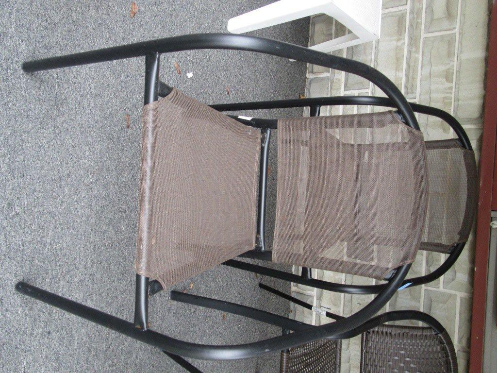 BLACK AND BROWN OUTDOOR CHAIRS AND END TABLE