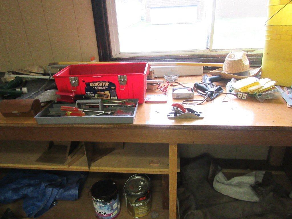 TOOLBOX WITH TOOLS, WOOD PLANE, TARP AND ETC