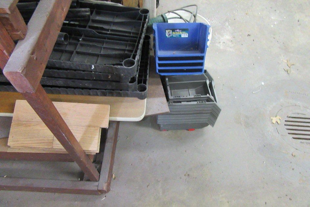 CONTENTS OF WOODEN SHELVING UNIT. INCLUDING PLASTIC SHELVING, BINS, LIGHTS,