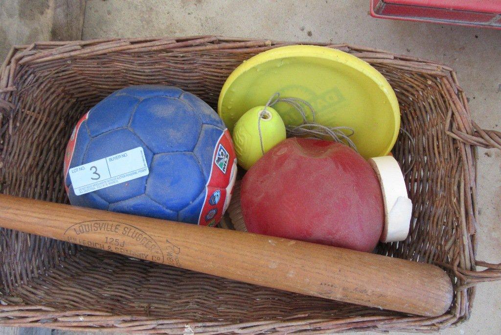 KIDS TOYS - LOUISVILLE SLUGGER BAT, BALLS, AND FRISBEE