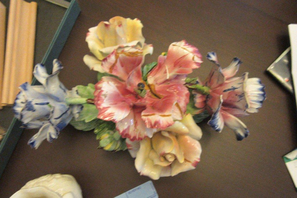 CAPODIMONTE STYLE FLORAL AND VASE, FLORAL CHIPPED AND