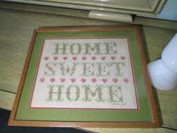 HOME SWEET HOME NEEDLEWORK AND 2 WHITE VASES, ONE WITH TOP