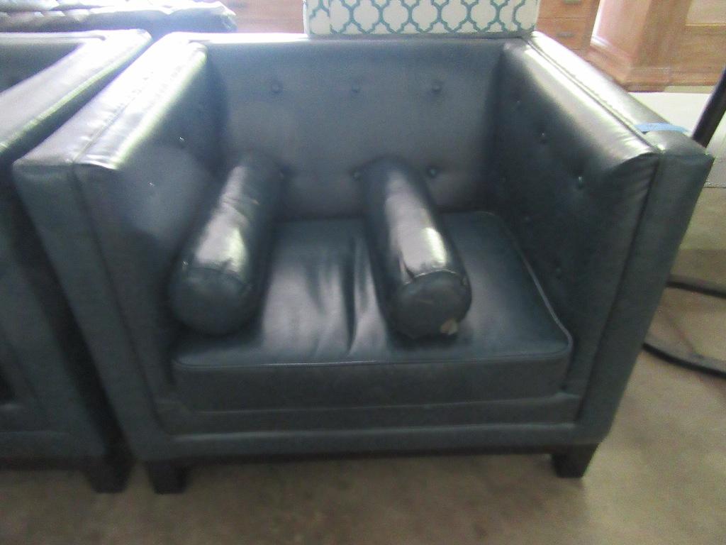 BLUISH GREEN LEATHER LIKE SQUARE HIGH ARM AND BACK CHAIR