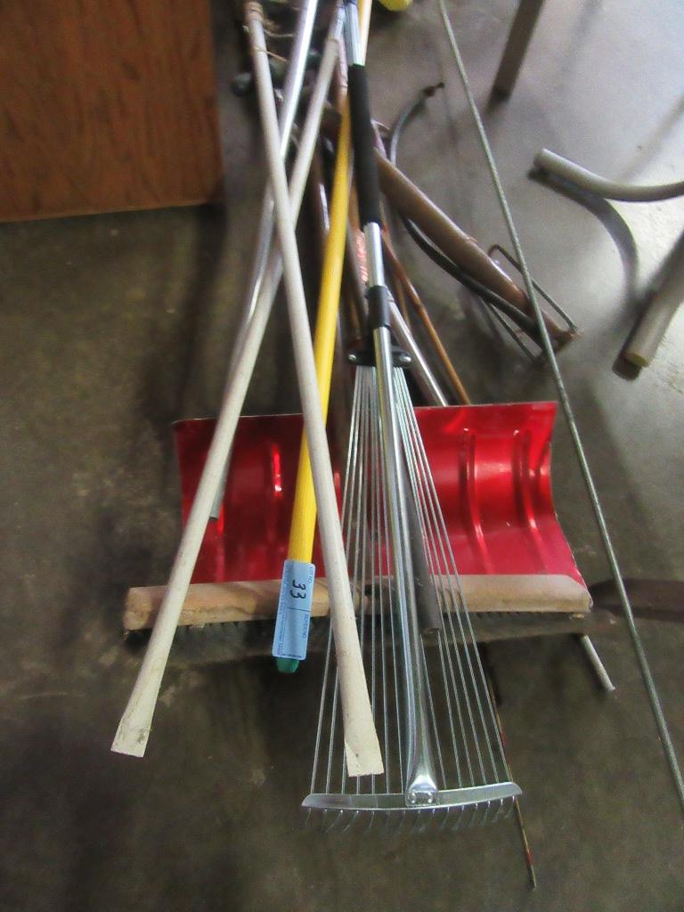 MISCELLANEOUS YARD TOOLS, BROOMS, SHOVELS, AIR PUMP, ETC