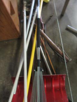 MISCELLANEOUS YARD TOOLS, BROOMS, SHOVELS, AIR PUMP, ETC