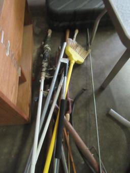 MISCELLANEOUS YARD TOOLS, BROOMS, SHOVELS, AIR PUMP, ETC