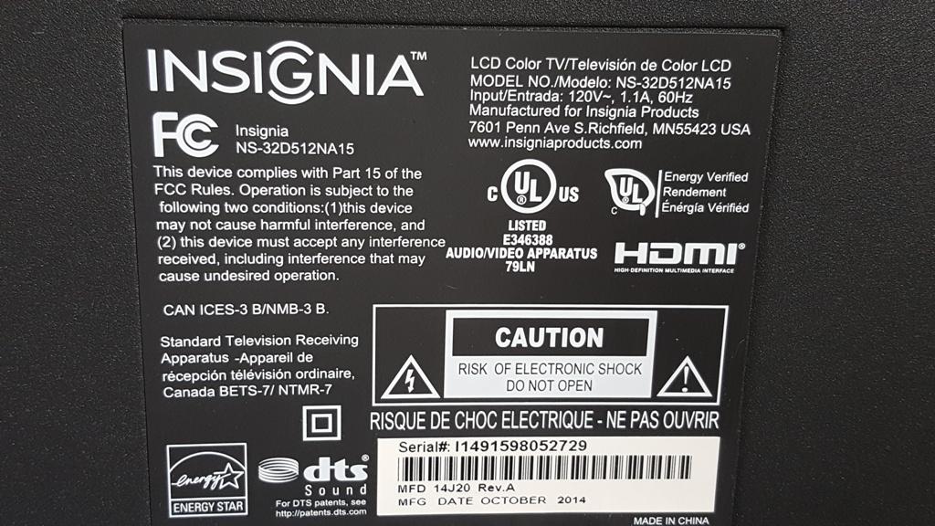 INSIGNIA FLAT SCREEN 32" TV. MODEL NUMBER NS-32D512NA15. NO REMOTE