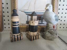 BOAT PICTURE, BIRD FIGURINE, AND LIGHTHOUSES
