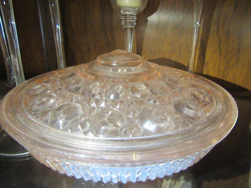 LOT OF GLASS CANDLE HOLDERS AND BOWL. MISSING LID KNOB