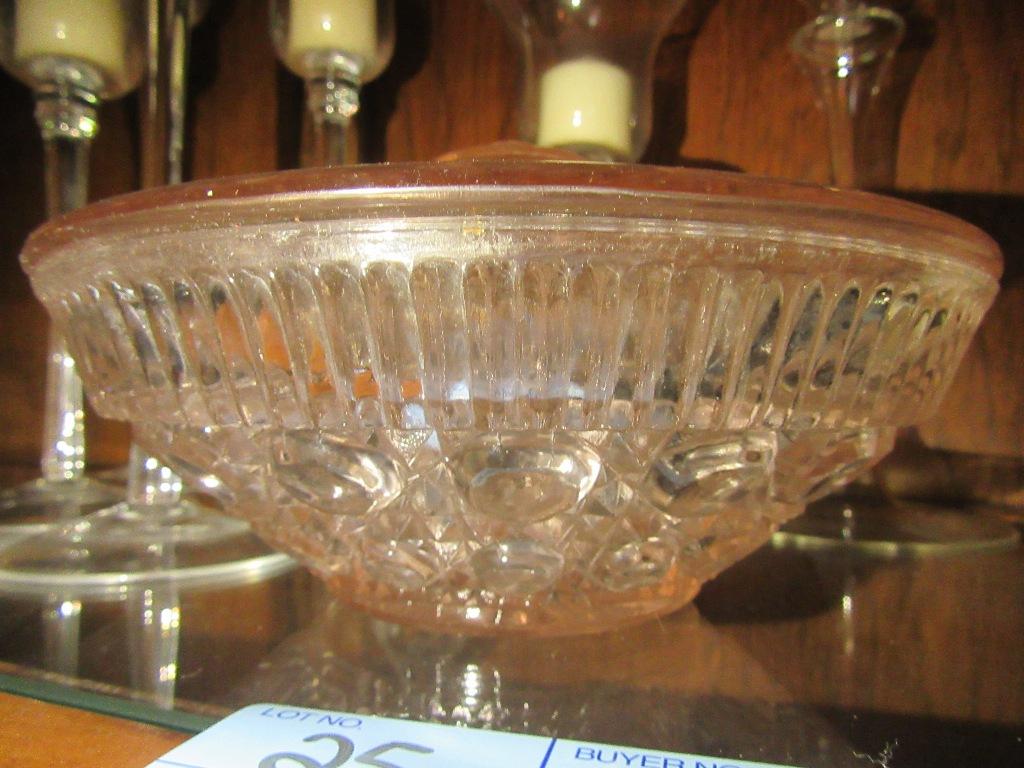 LOT OF GLASS CANDLE HOLDERS AND BOWL. MISSING LID KNOB