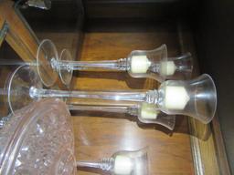 LOT OF GLASS CANDLE HOLDERS AND BOWL. MISSING LID KNOB