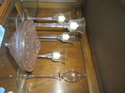 LOT OF GLASS CANDLE HOLDERS AND BOWL. MISSING LID KNOB