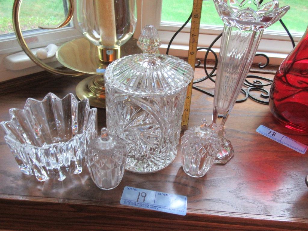 GLASS SALT AND PEPPER, COVERED CANISTER DISH, BUD VASE