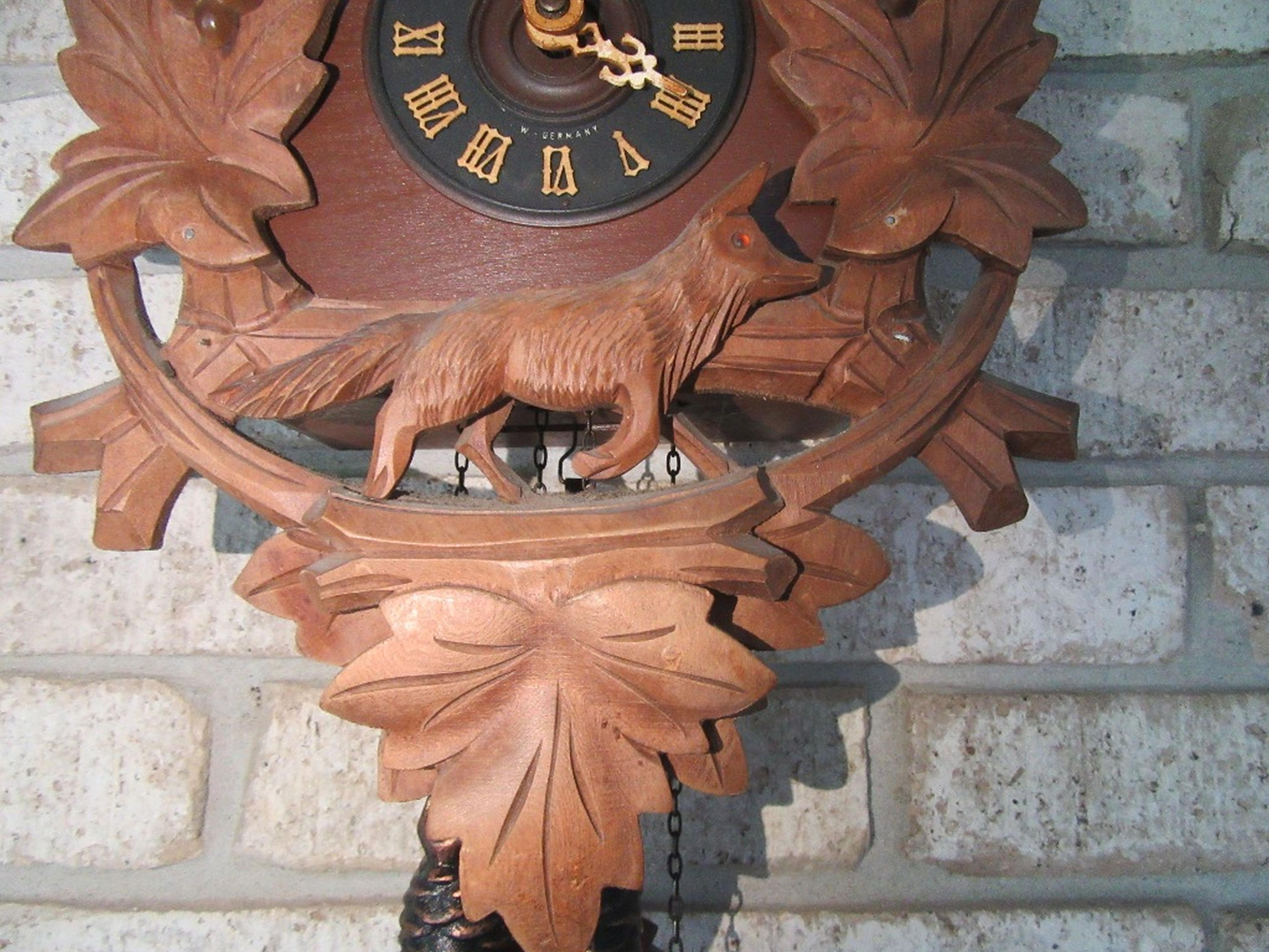 OWL & FOX CARVED CUCKOO CLOCK. MADE IN W. GERMANY