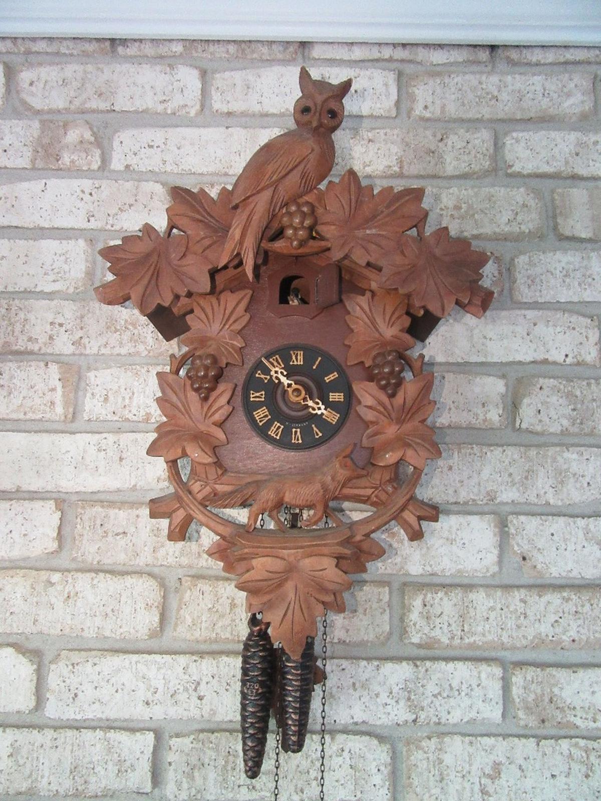 OWL & FOX CARVED CUCKOO CLOCK. MADE IN W. GERMANY