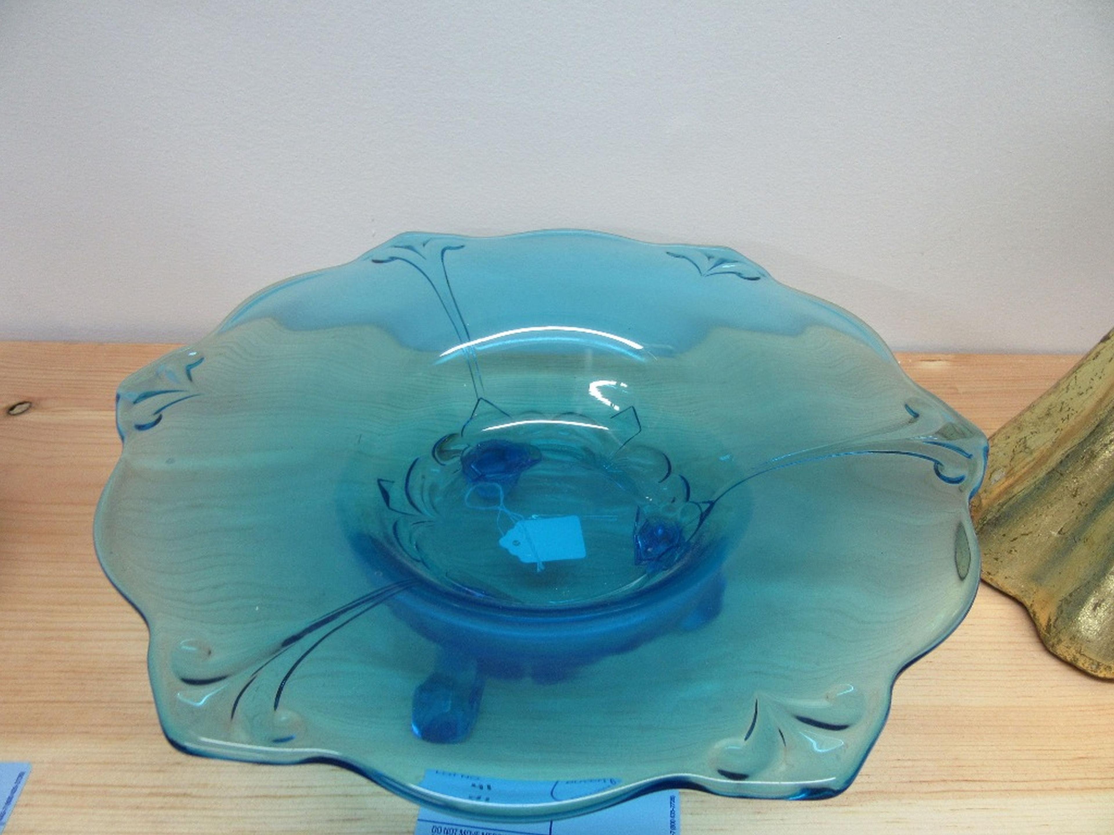 BLUE GLASS FOOTED CENTERPIECE BOWL