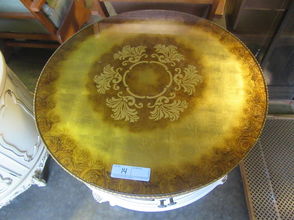 FRENCH PROVINCIAL ROUND GLASS TOP DECORATIVE TABLE