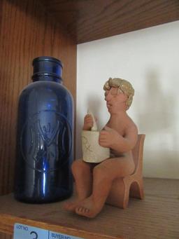 COBALT BLUE PHARMACY JAR AND CLAY PHARMACY FIGURINE