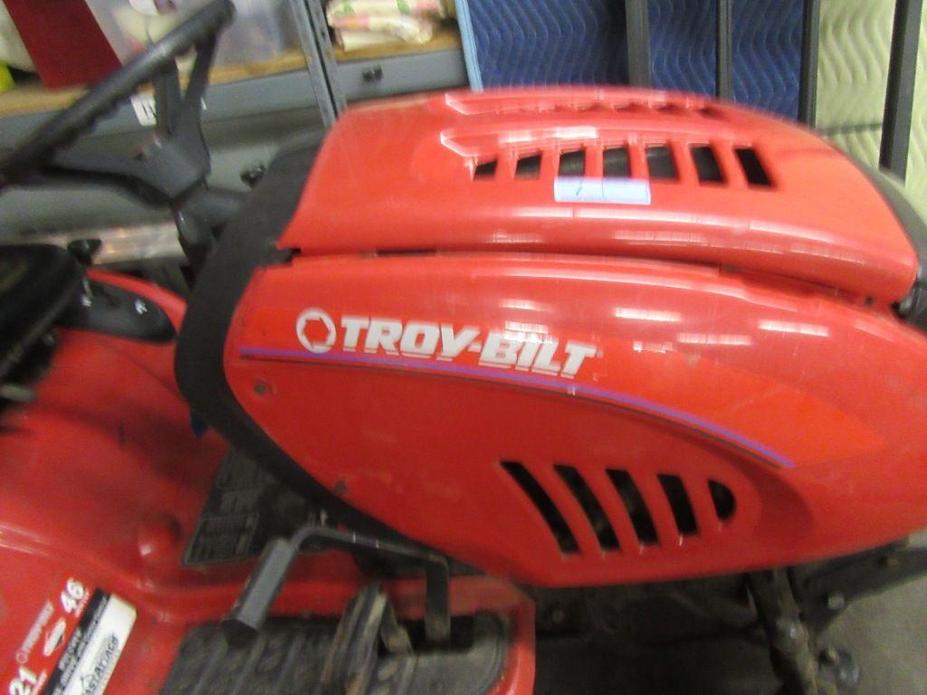 TROY-BILT 21 HORSEPOWER 46" CUT LAWN TRACTOR WITH BAGGER, THATCHER, AND PED