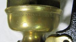 SMALL BRASS STEAM WHISTLE NUMBER 144 BY CROSBY STEAM GAGE AND VALVE COMPANY. 14" tall